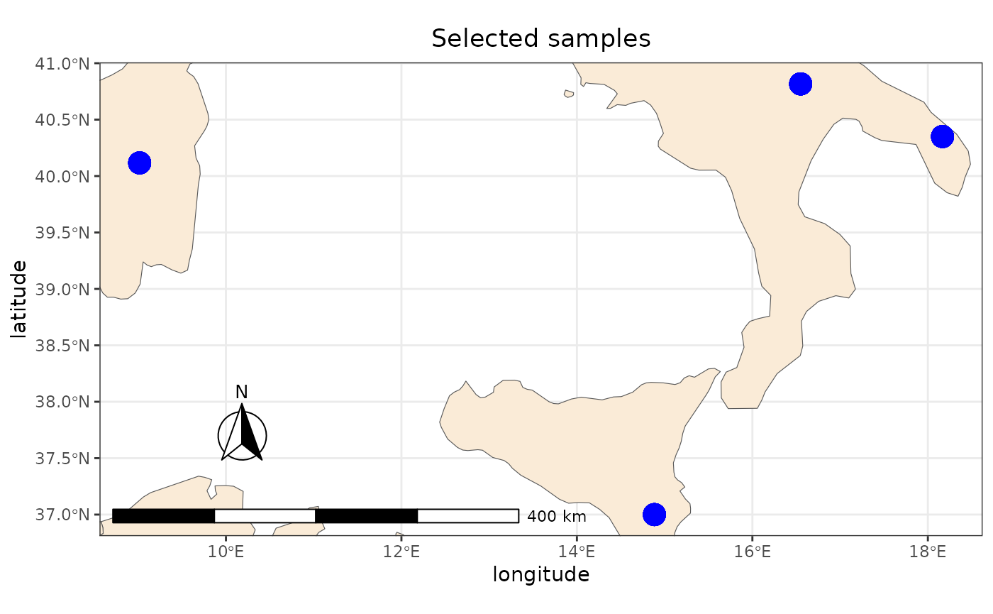 Map showing sheep samples from the Hapmap dataset in Italy plotted over a world map using ggplot2